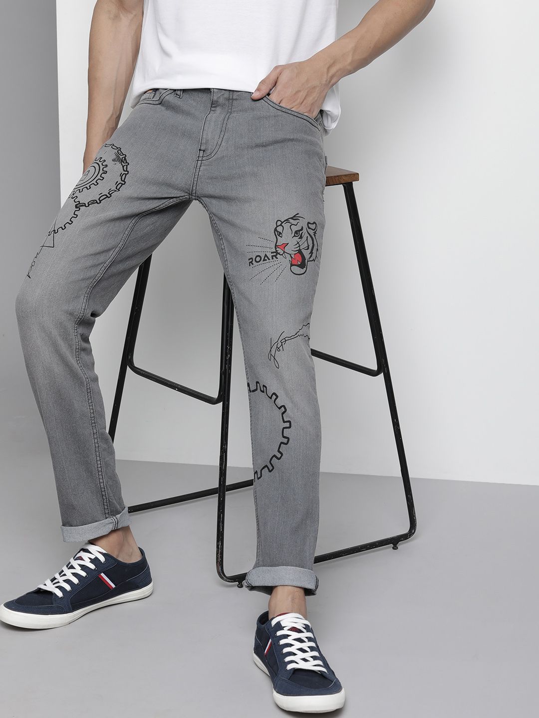 The Indian Garage Co Men Grey Slim Fit Light Fade Printed Stretchable Jeans