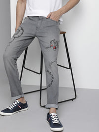 The Indian Garage Co Men Grey Slim Fit Light Fade Printed Stretchable Jeans