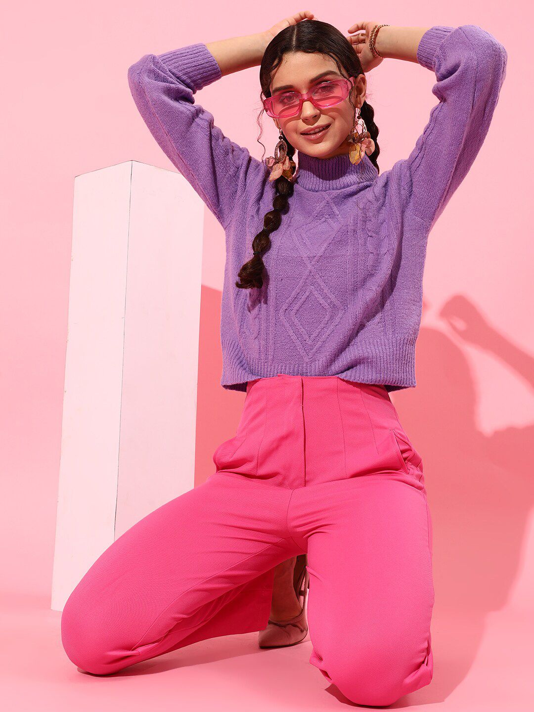 STREET 9 Women Purple Cable Knit Acrylic Pullover