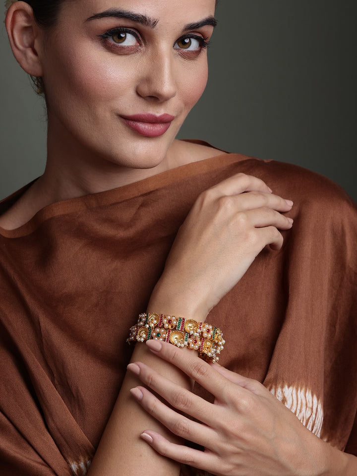 PANASH Set Of 2 Gold Plated AD Stone Studded & Beaded Bangles