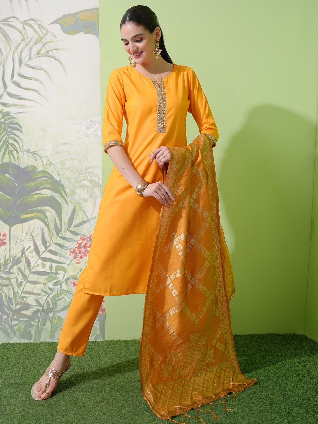 Vishudh Yellow Round Neck Embellished Straight Kurta & Palazzos With Dupatta