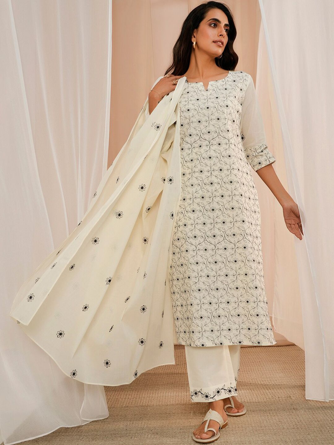 Libas Floral Embroidered Regular Thread Work Pure Cotton Kurta With Trousers & Dupatta