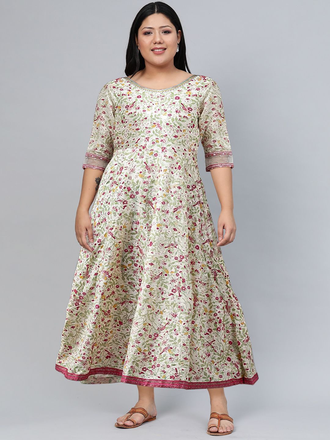 W Beige & Pink Ethnic Motifs Ethnic A-Line Maxi Dress