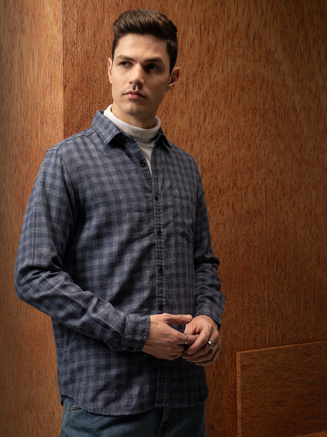 LOCOMOTIVE Premium Relaxed Fit Linen Blend Textured Checked Shirt