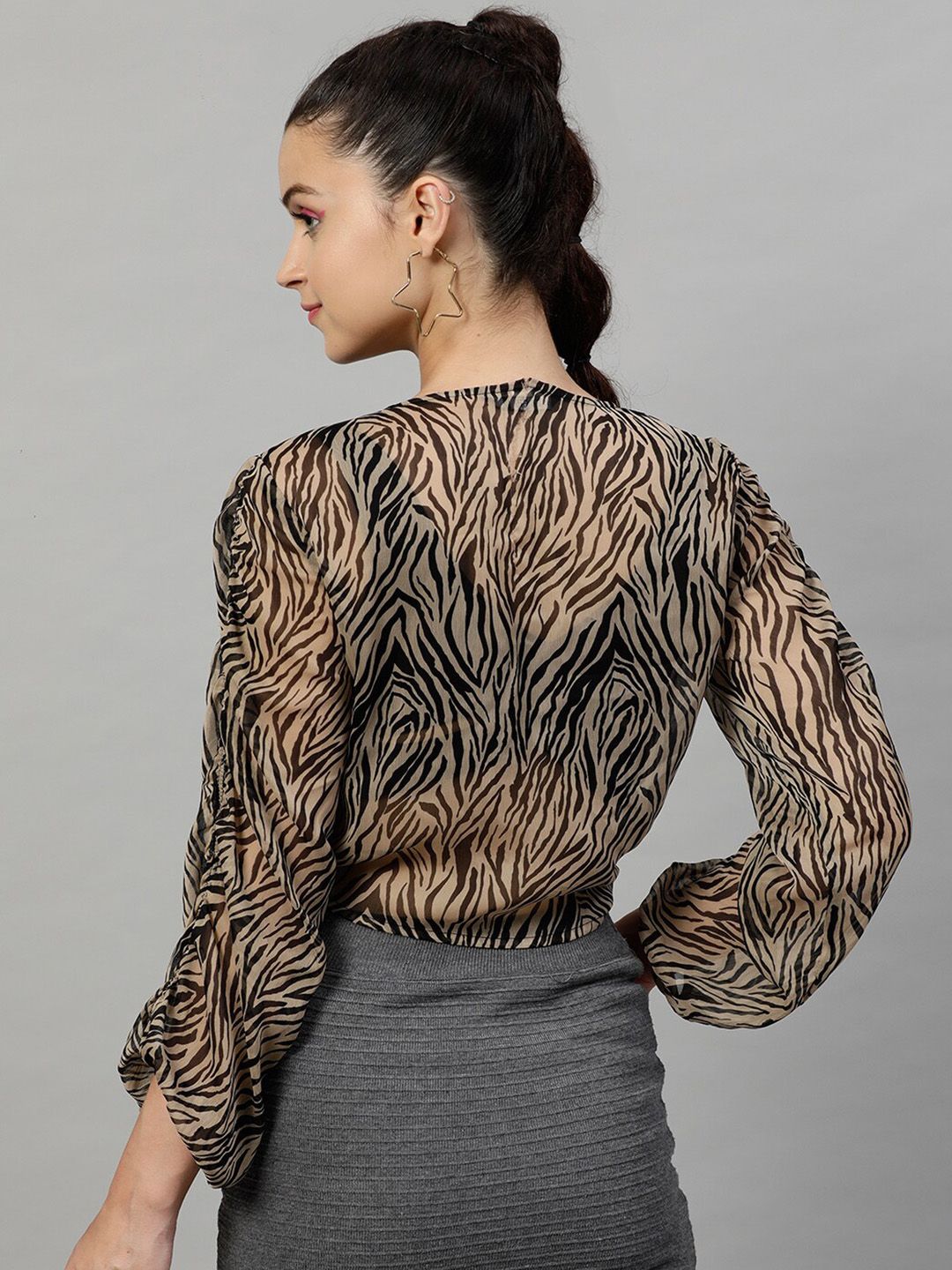 Street 9 Black & Beige Animal Printed Flared Sleeves Chiffon Blouson Crop Top
