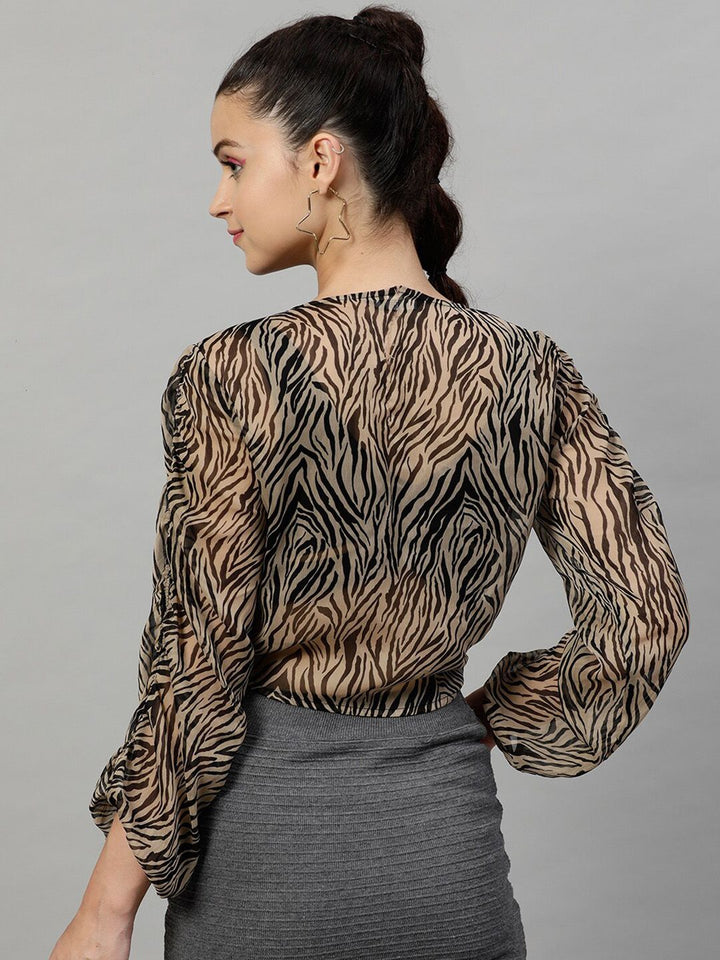 Street 9 Black & Beige Animal Printed Flared Sleeves Chiffon Blouson Crop Top