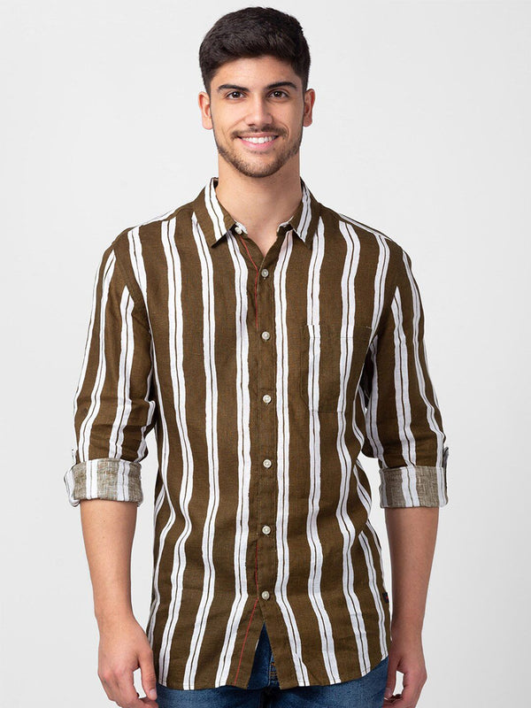 SPYKAR Men Slim Fit Striped Pure Linen Casual Shirt