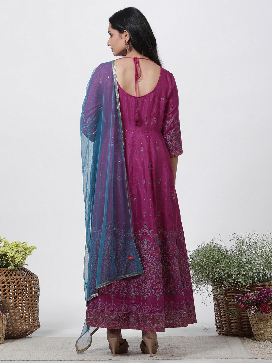 W Ethnic Motifs Printed Round Neck Maxi Ethnic Dress With Dupatta