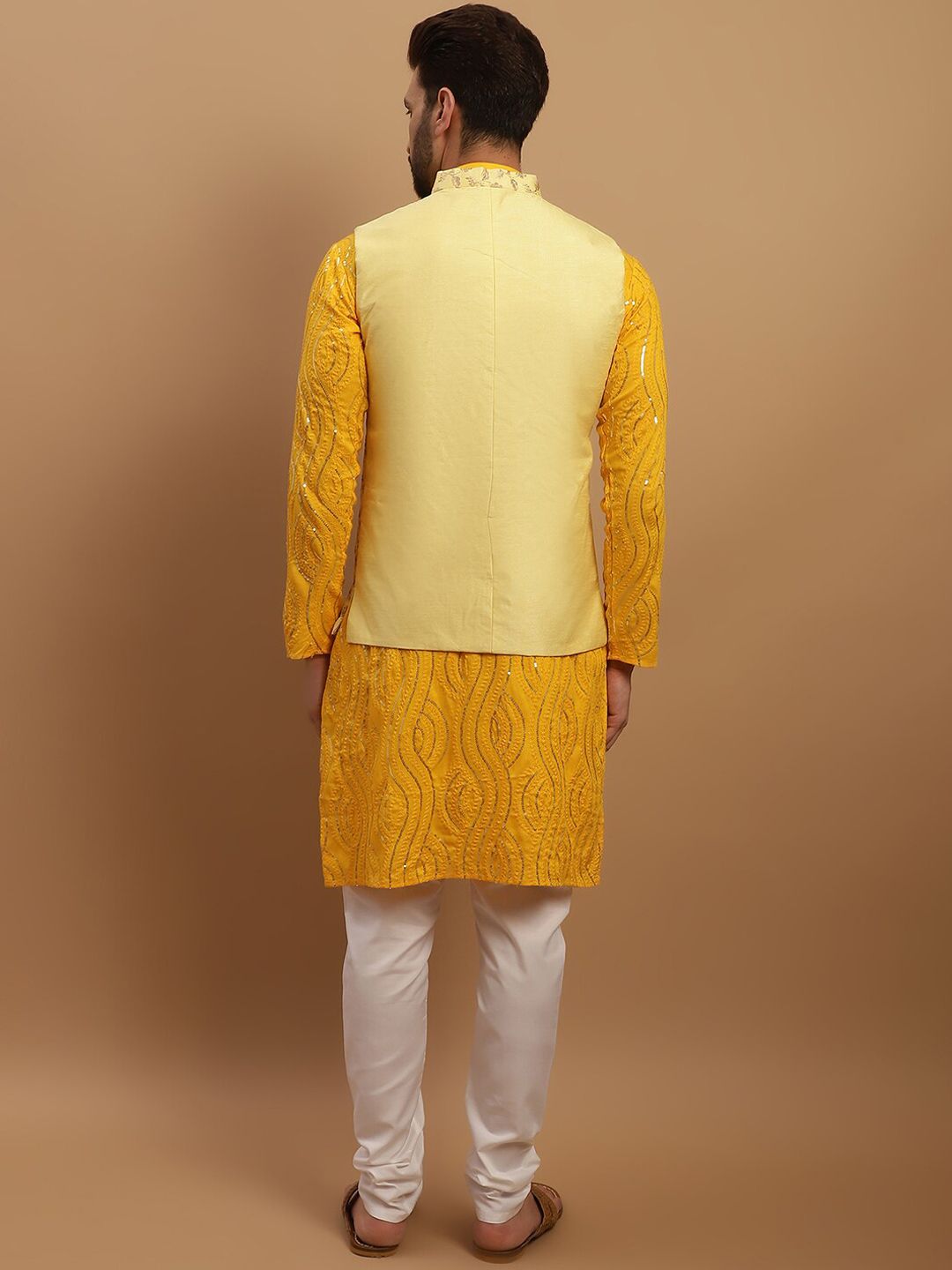 SOJANYA Embroidered Sequinned Pure Cotton Kurta with Churidar & Embroidered Nehru Jacket