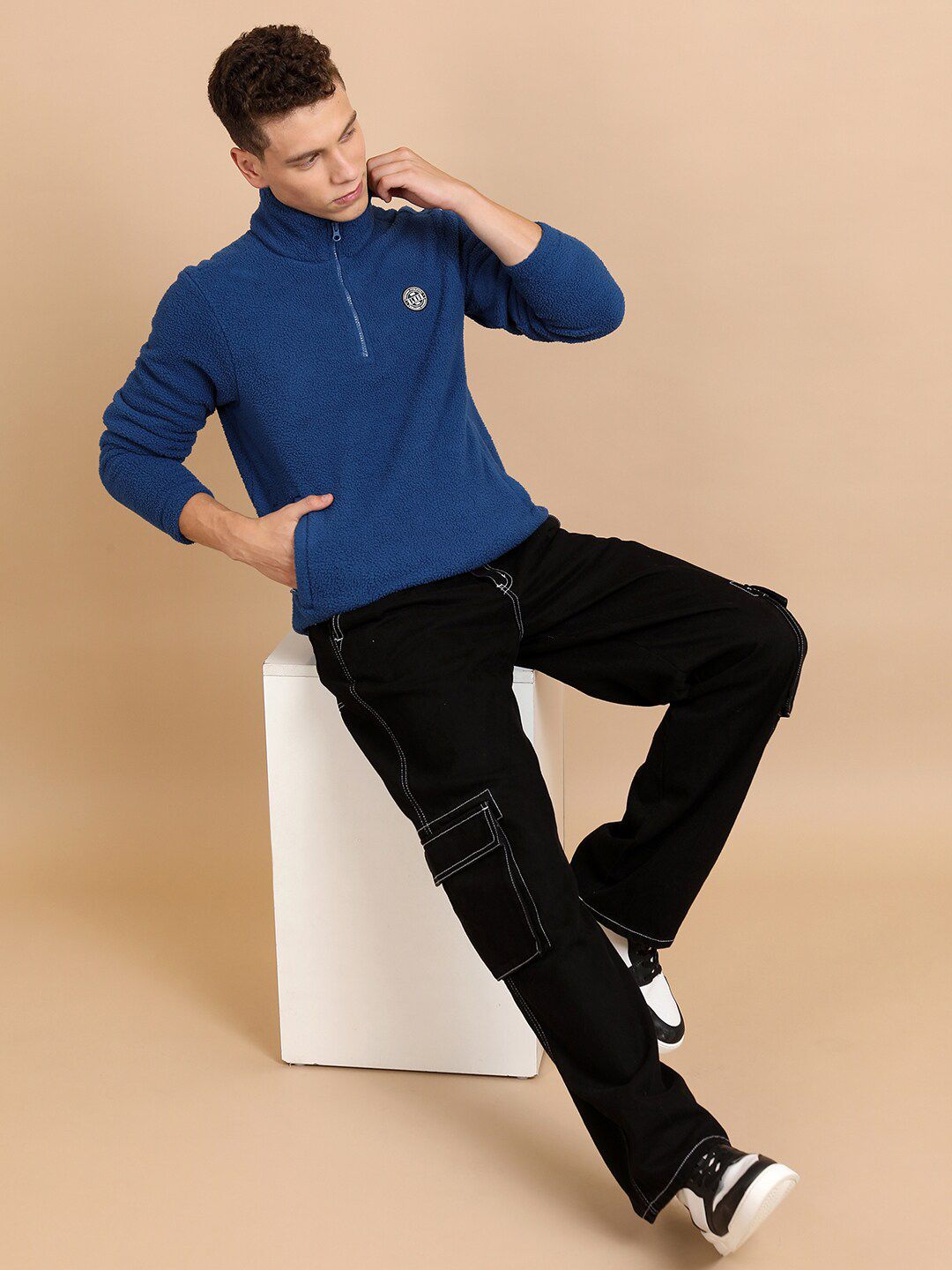 HIGHLANDER Blue Self Design Mock Collar Half Zipper Sweatshirt