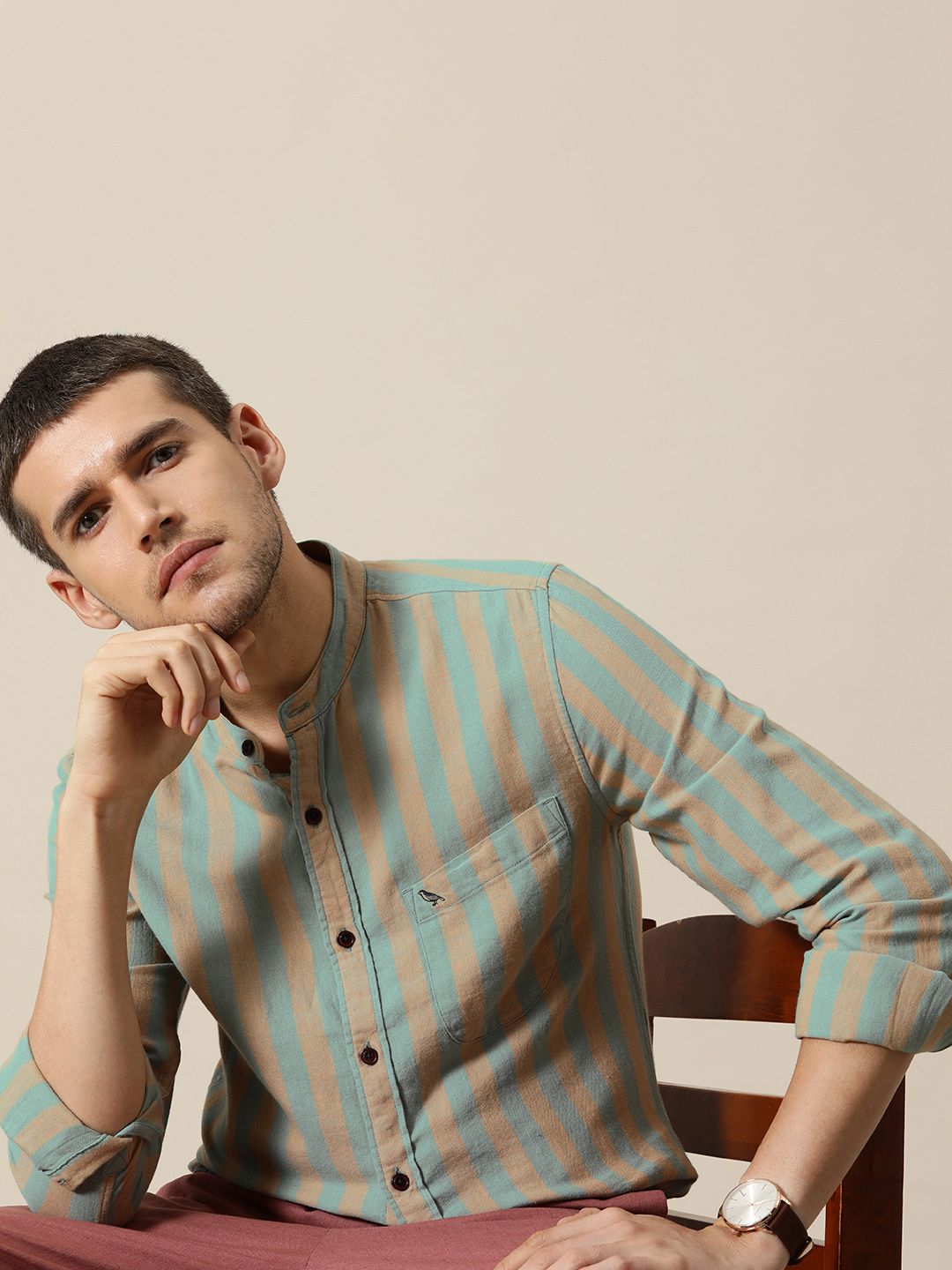 Mr Bowerbird Men Brown Tailored Fit Opaque Striped Casual Shirt