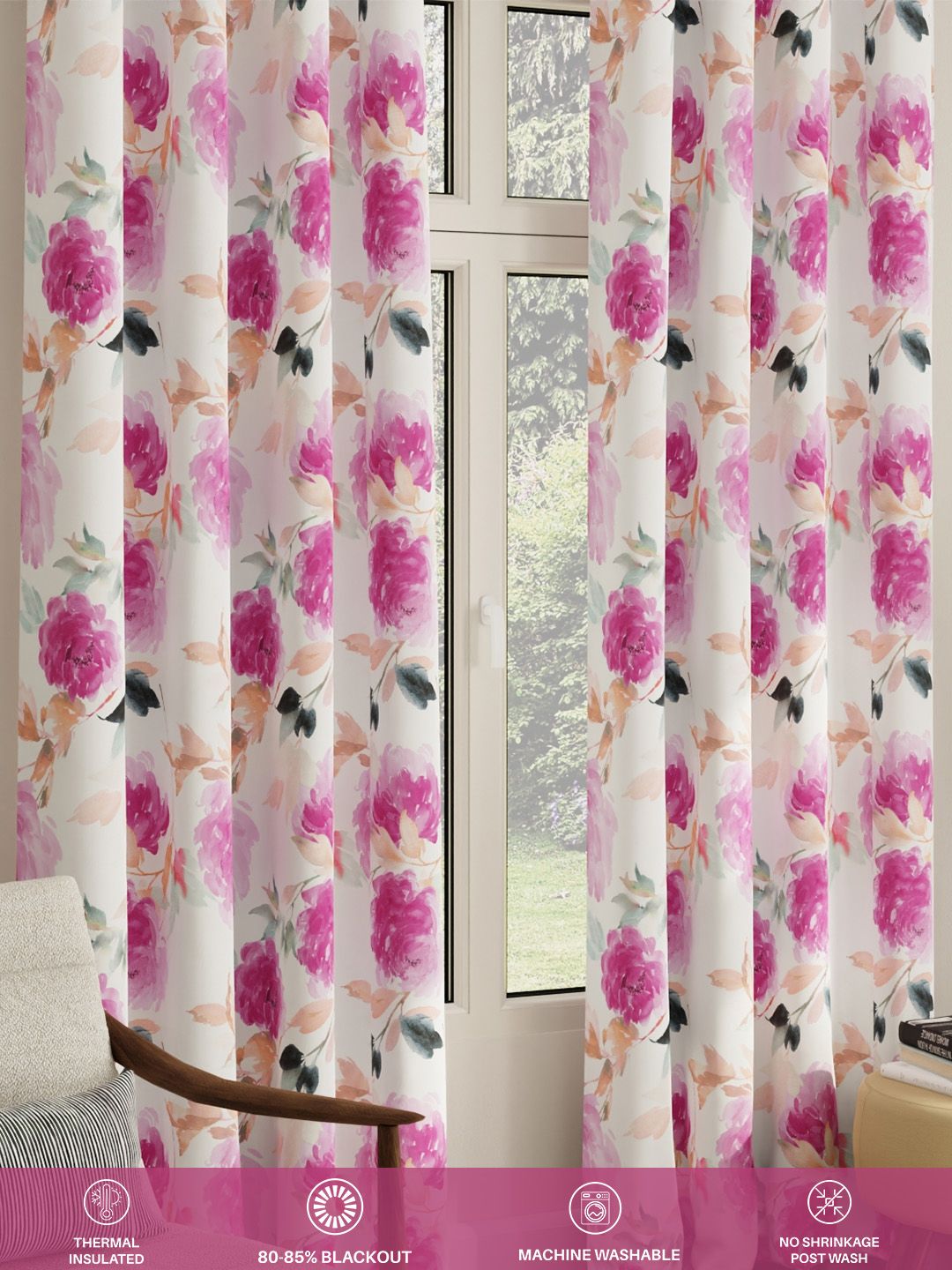 URBAN SPACE Pink & Orange Set of 2 Floral Window Curtain