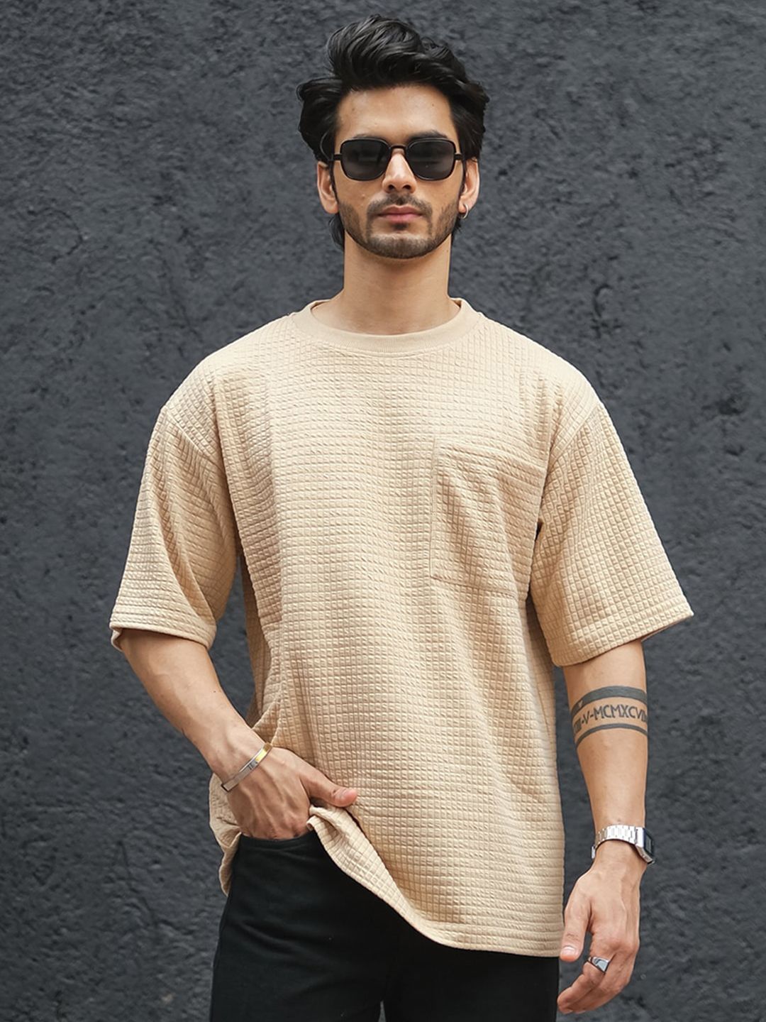 Powerlook Beige Striped Drop-Shoulder Sleeves Oversized T-shirt
