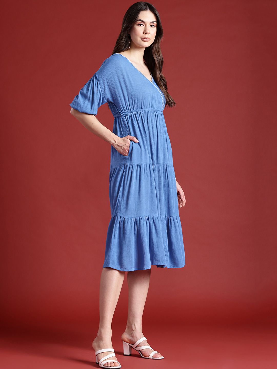 all about you Puff Sleeves Tiered Midi Wrap Style Dress