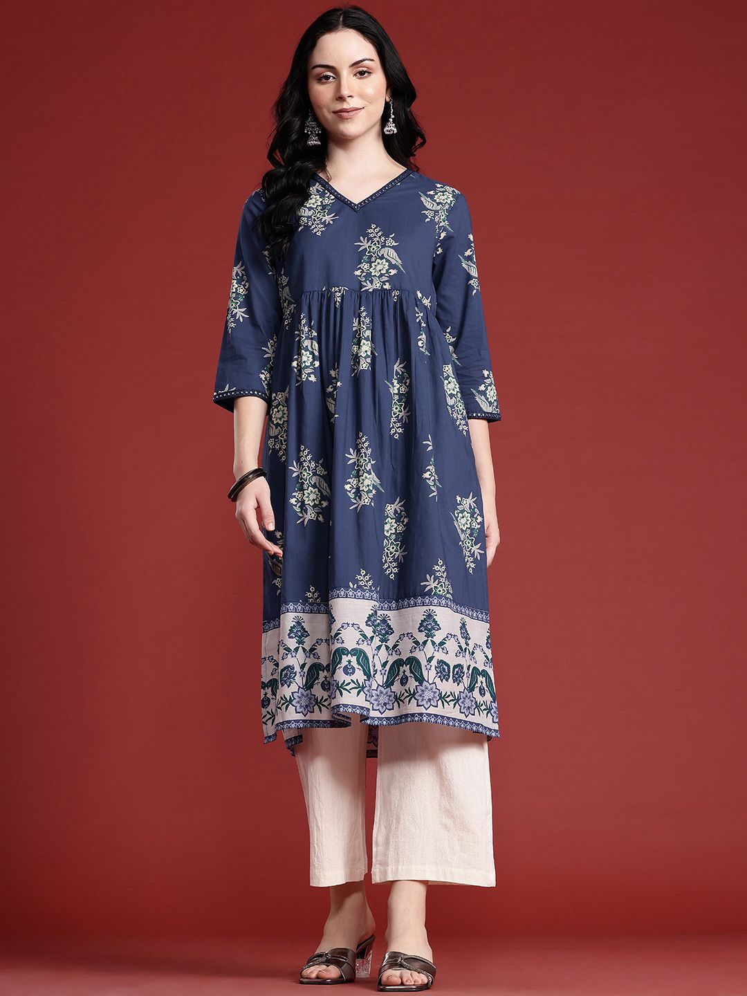 Anouk Women Floral Printed Pure Cotton Pleated A-Line Kurta