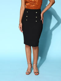 Berrylush Women Black Solid Knee Length High Rise Pencil Skirt
