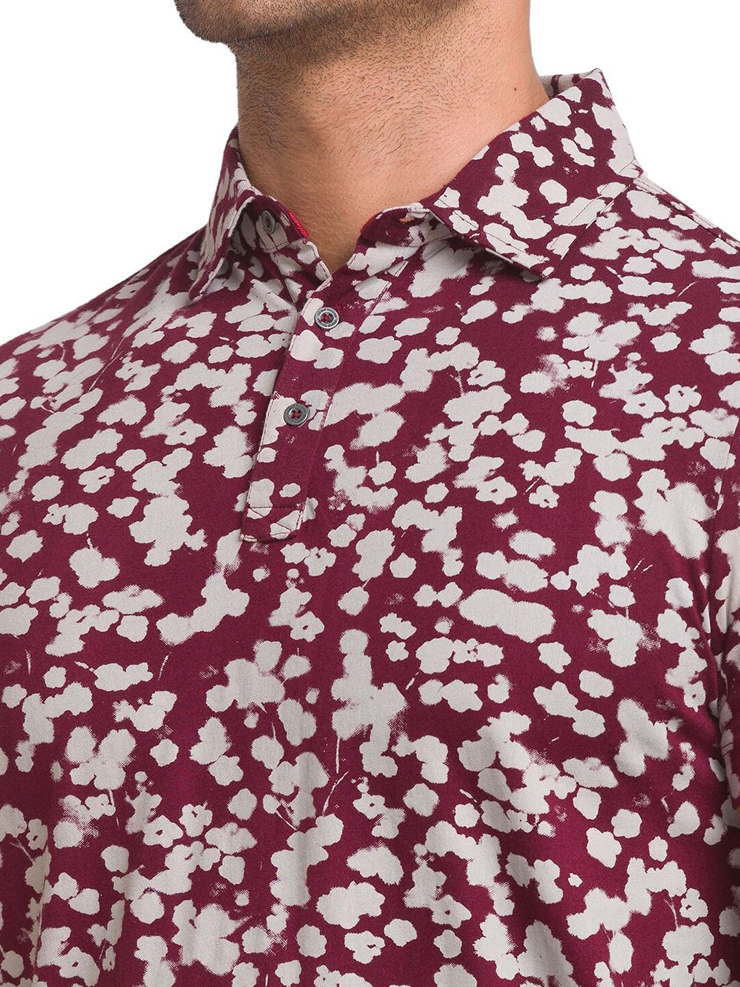 Being Human Men Maroon & White Floral Printed Polo Collar T-shirt