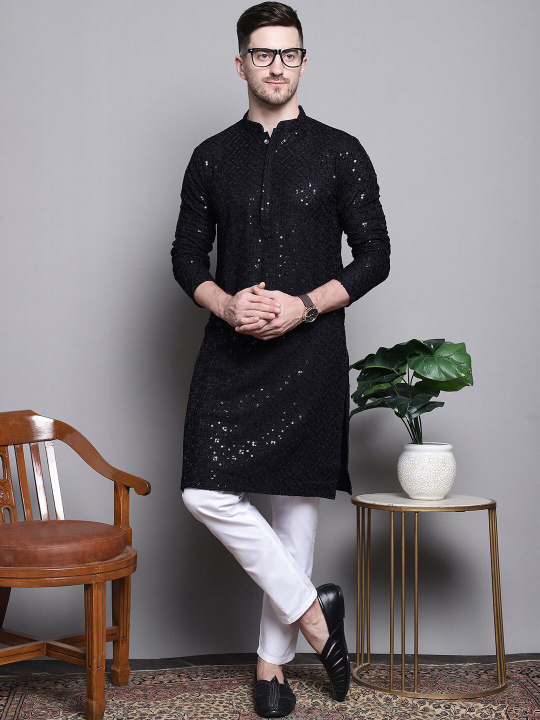 Jompers Floral Embroidered Thread Work Sequinned Pure Cotton Kurta