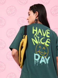 DILLINGER Green & Yellow Typography Printed Oversized Pure Cotton Longline T-shirt