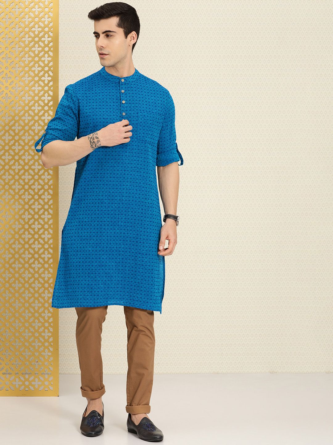 House of Pataudi Men Blue Ethnic Motifs Regular Kurta