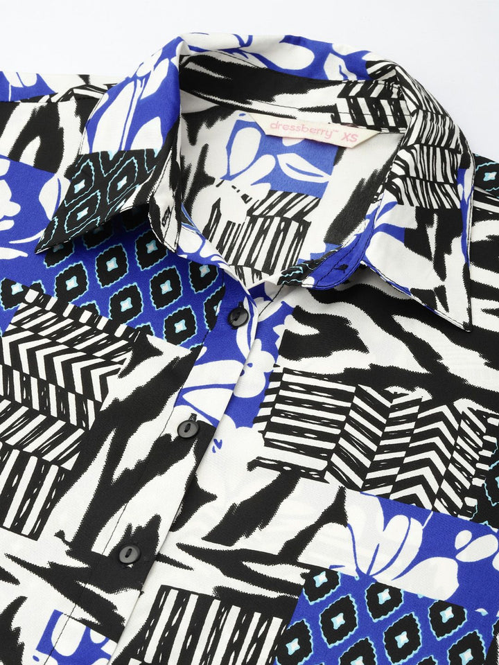 DressBerry Contrast Aesthetic Floral And Geometric Print Shirt