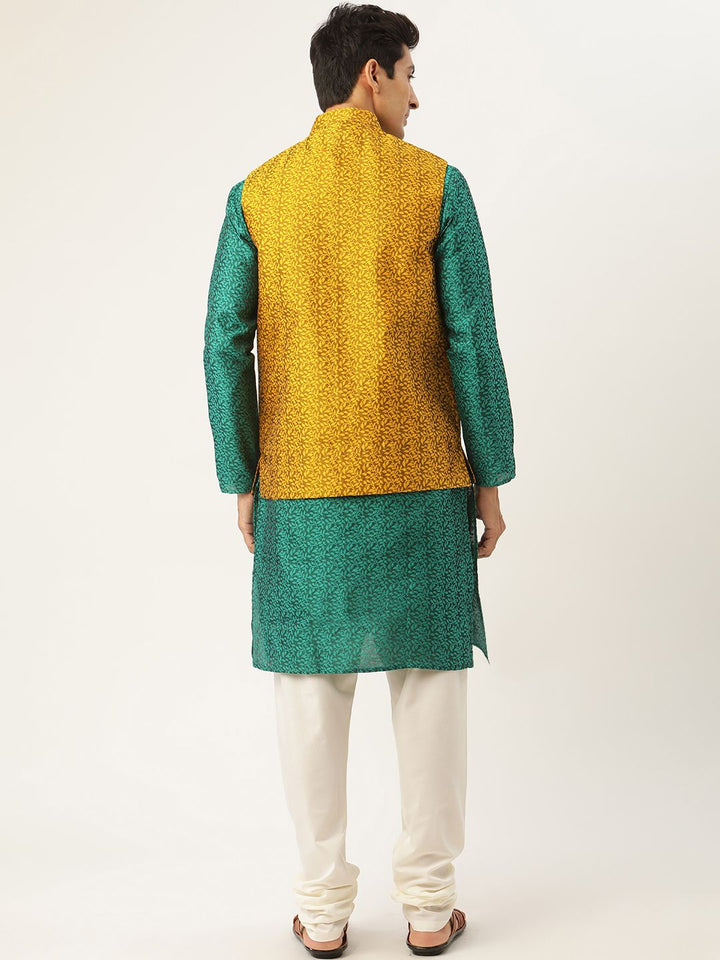 SOJANYA Men Green & Mustard Yellow Ethnic Motifs Kurta with Churidar & Nehru Jacket