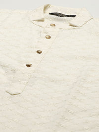 SOJANYA Men Cream-Coloured Chikankari Pure Cotton Kurta with Churidar & Nehru Jacket
