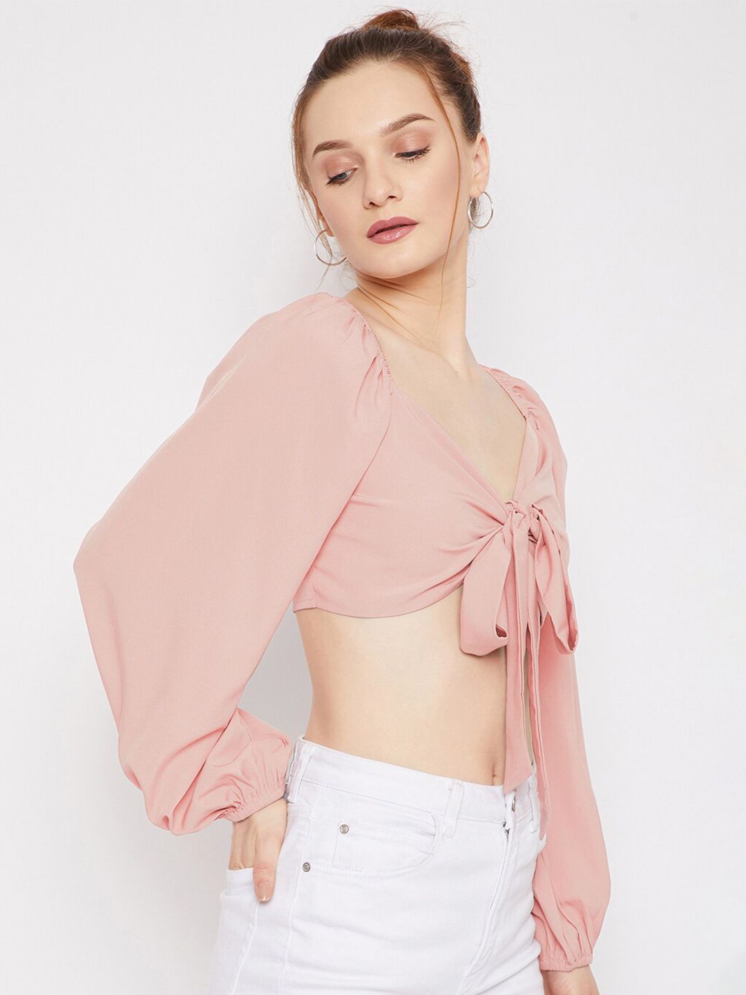 Berrylush Pink Sweetheart Neck Crepe Fitted Crop Top