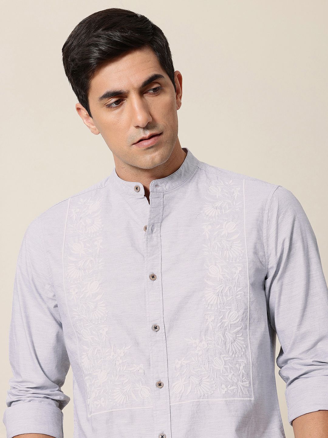 Mr Bowerbird Tailored Fit Floral Embroidered Band Collar Pure Cotton Casual Shirt