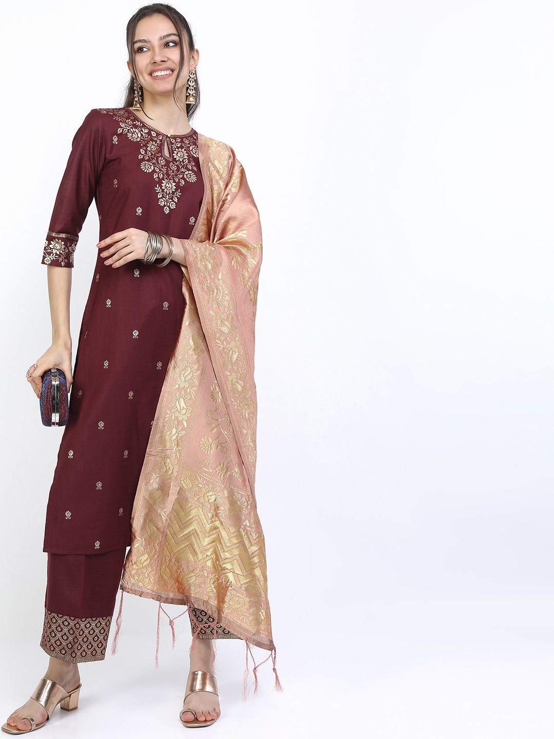 Vishudh Women Burgundy Kurta with Trousers & With Dupatta