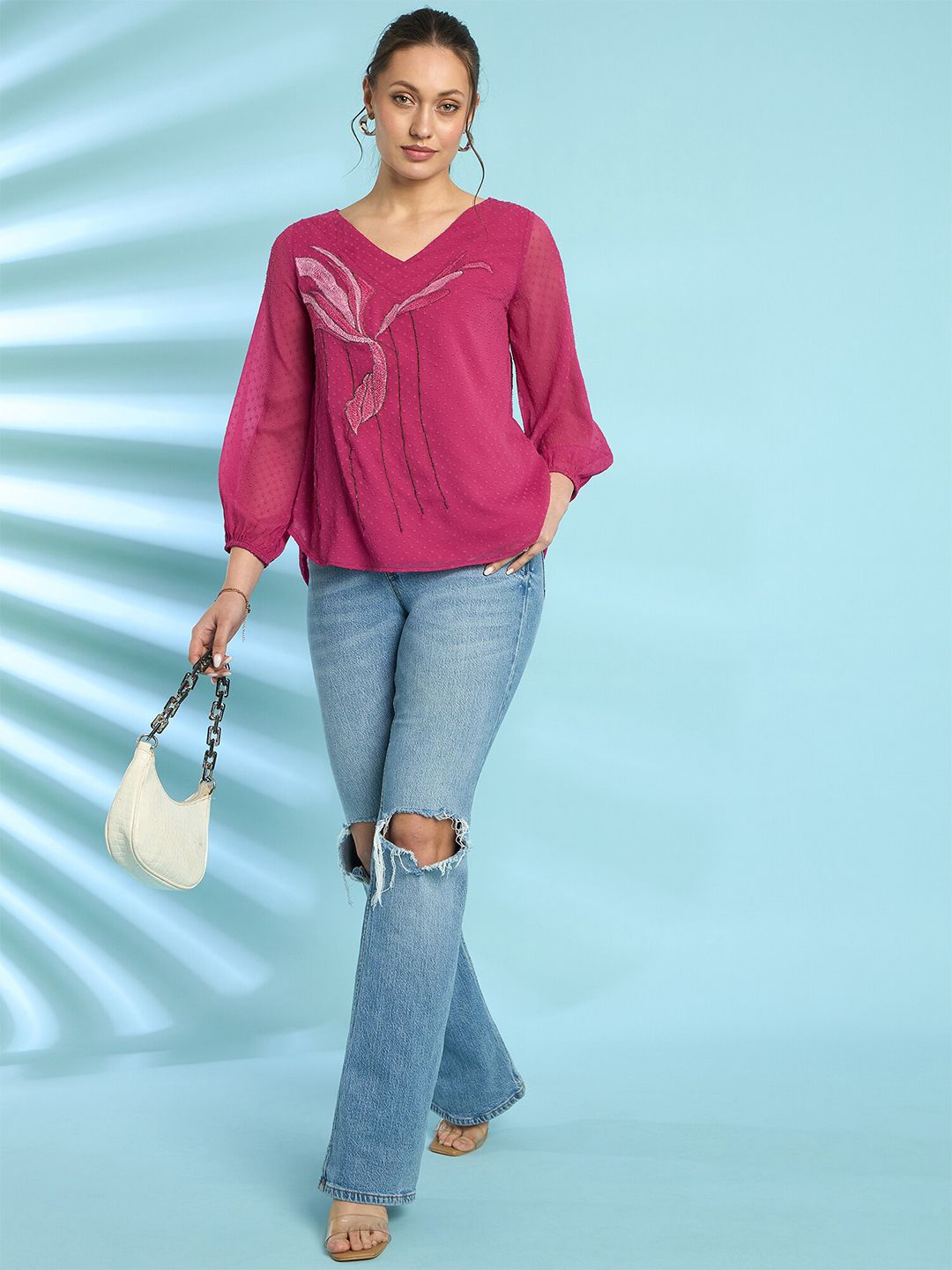 Antheaa Embroidered Dobby Weave Chiffon Top