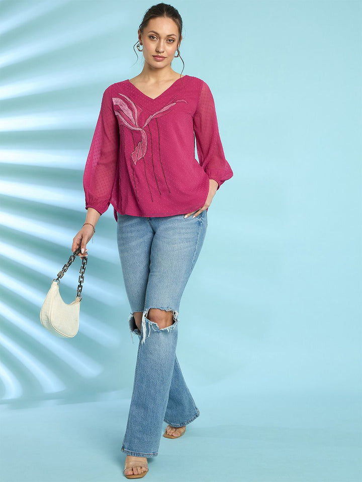 Antheaa Embroidered Dobby Weave Chiffon Top