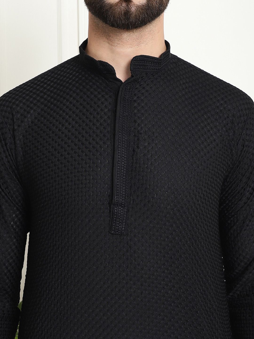 SOJANYA Checked Mandarin Collar Long Sleeves Pure Cotton Kurta with Churidar