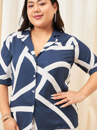 Berrylush Curve Navy Blue Abstract Printed Button Shirt Collar Top