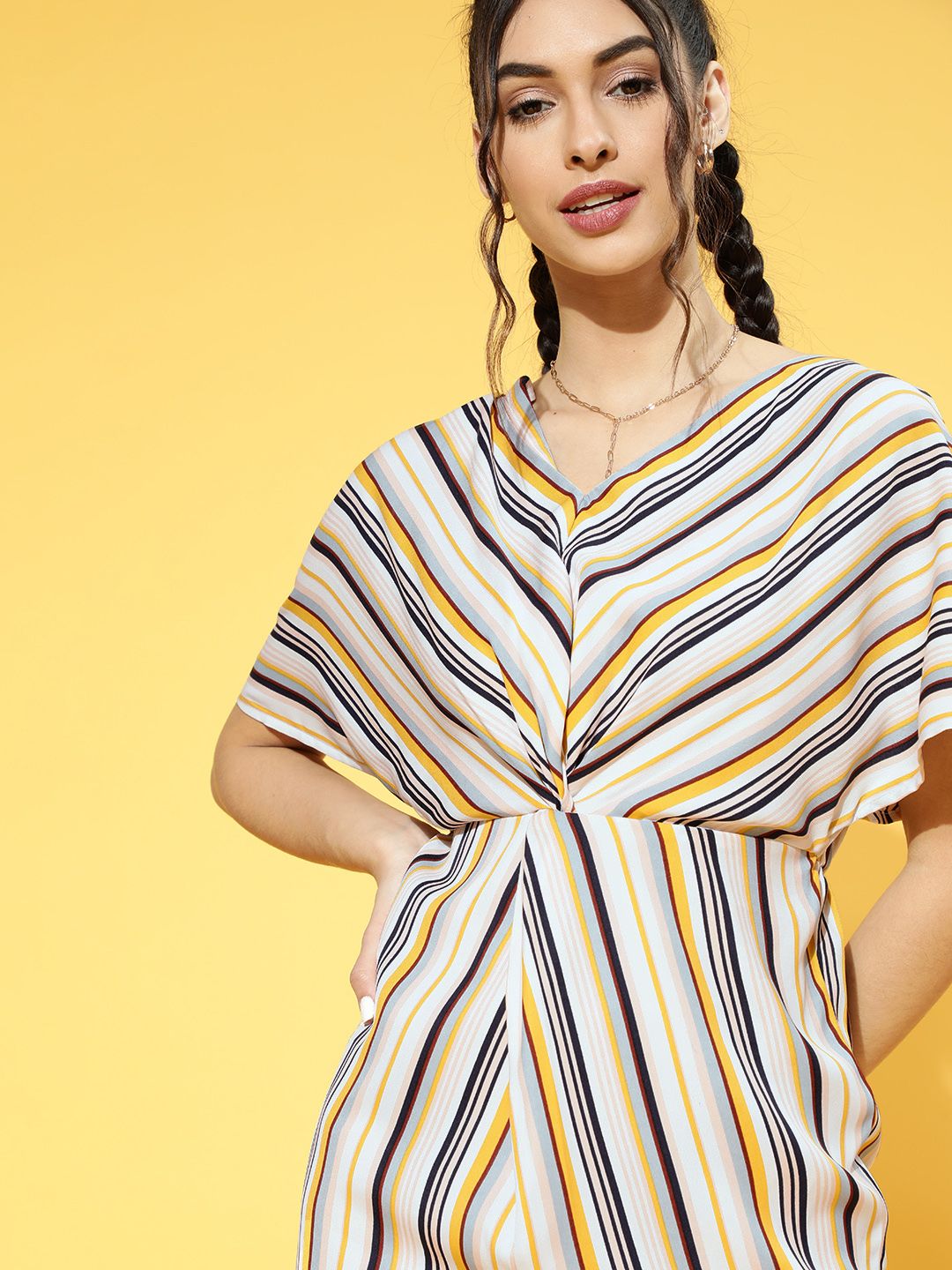 Berrylush Women Yellow & White Striped A-Line Dress with a Front Slit