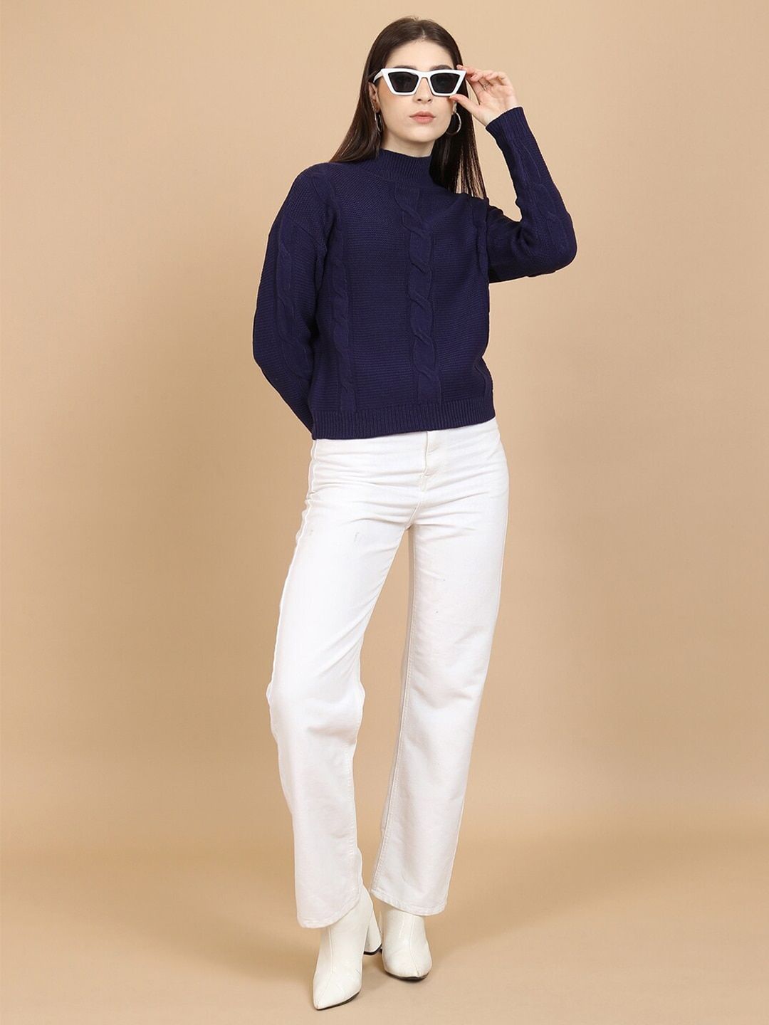 Tokyo Talkies Navy Blue Cable Knit Self Design High Neck Acrylic Pullover Sweater
