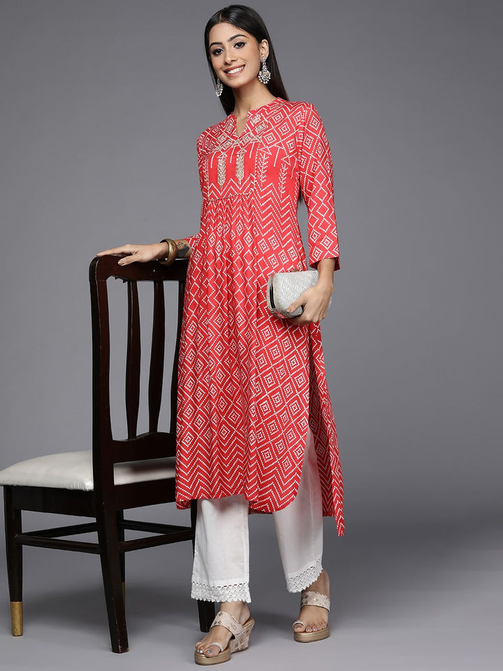 Varanga Women Red & White Bandhani Printed Gotta Patti Indie Prints Kurta