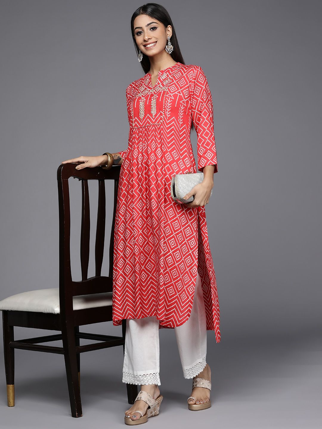 Varanga Women Red & White Bandhani Printed Gotta Patti Indie Prints Kurta