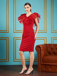 SASSAFRAS Red V-Neck Flutter Sleeve Ruffles Detail Sheath Dress