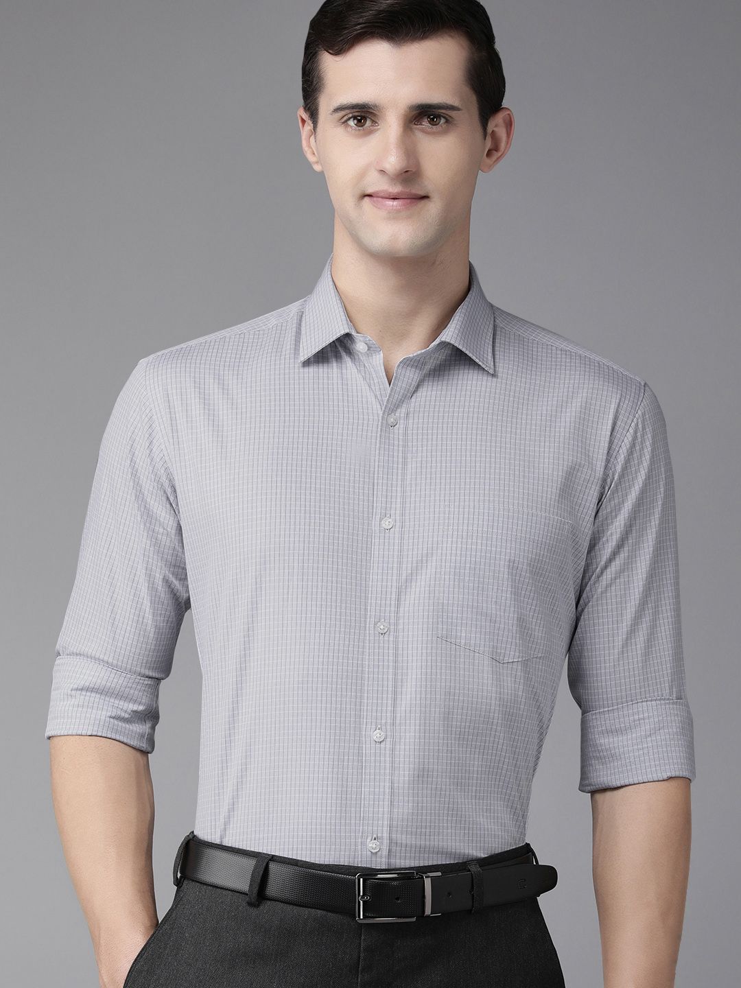 Park Avenue Men Grey Slim Fit Checked Pure Cotton Formal Shirt