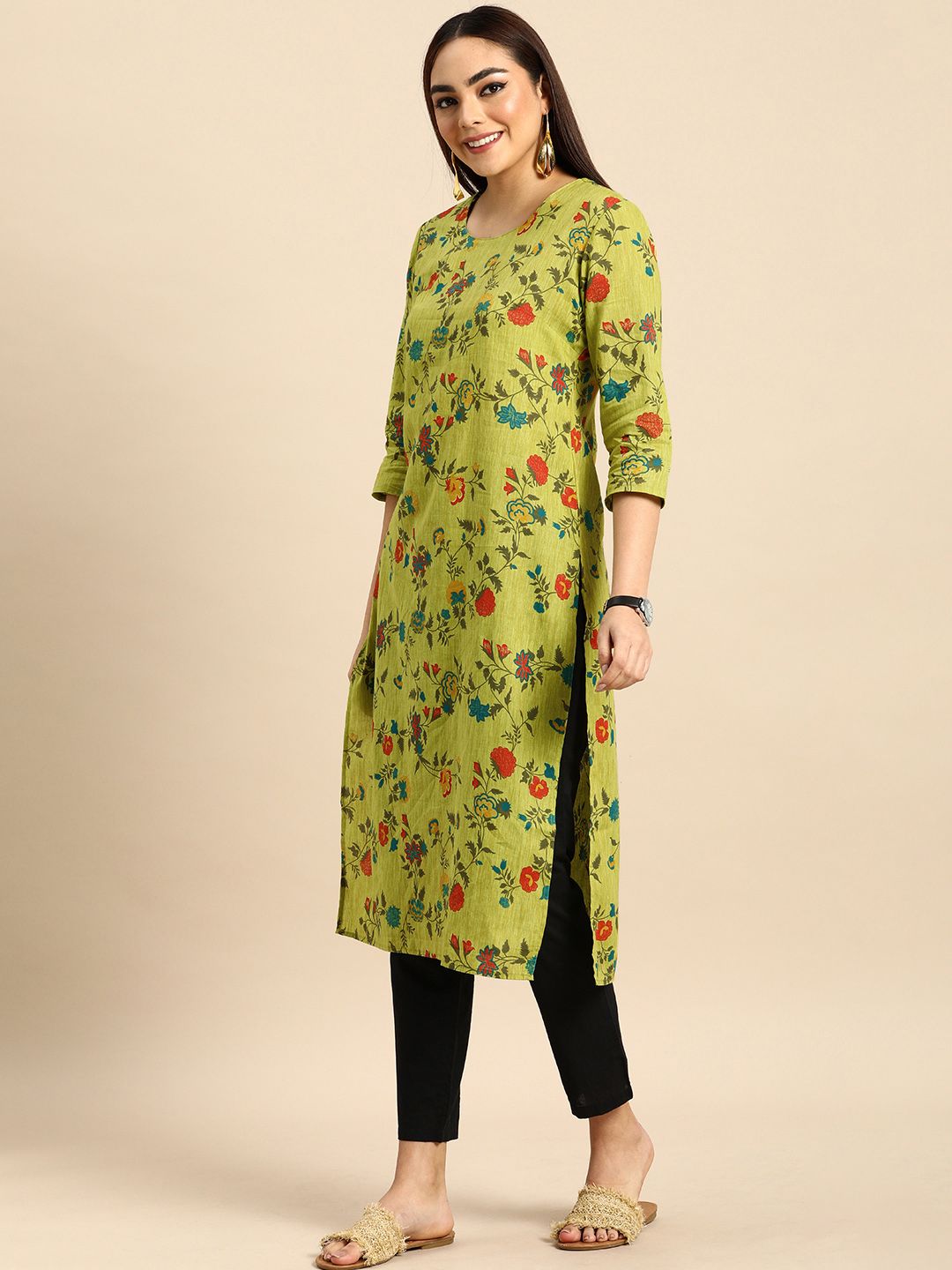 Anouk Women Green & Red Floral Printed Pure Cotton Kurta