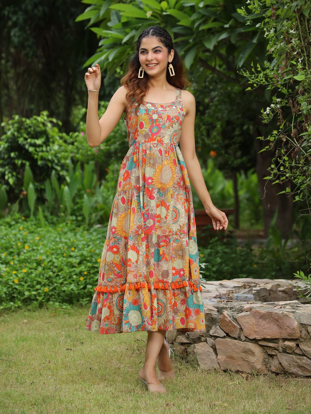 Rain & Rainbow Shoulder Strapped Floral Printed Fit and Flared Pure Cotton Midi Dress
