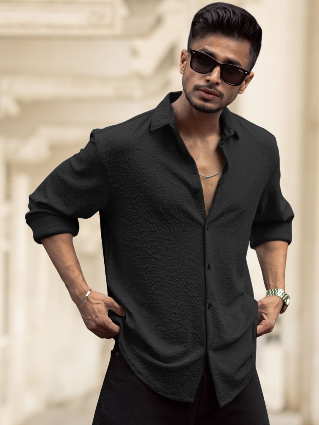 Powerlook Men Spread Collar Textured Relaxed Fit Casual Shirt