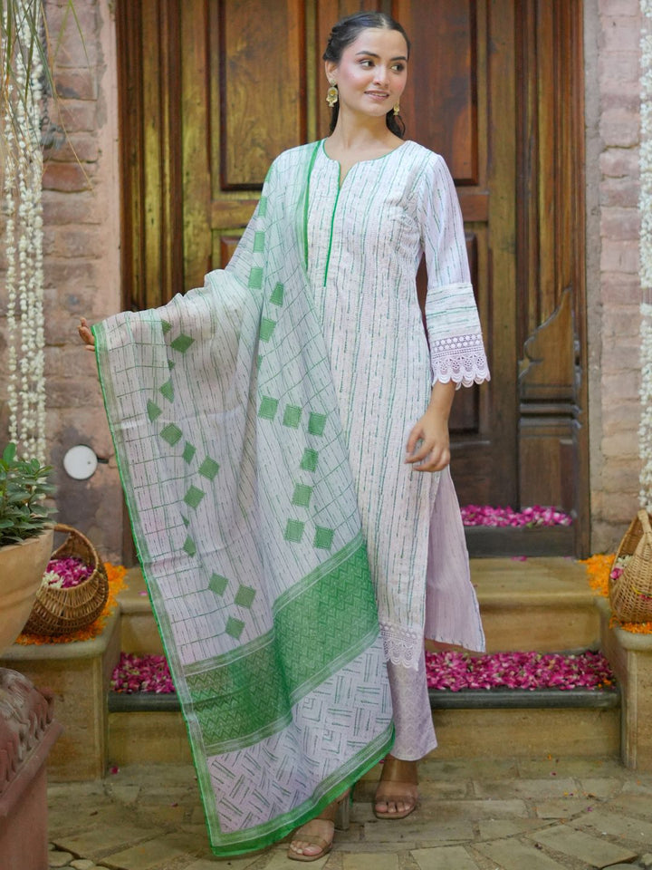 Libas Notched Neck Flared Sleeves Floral Embroidered Straight Kurta with Palazzo & Dupatta