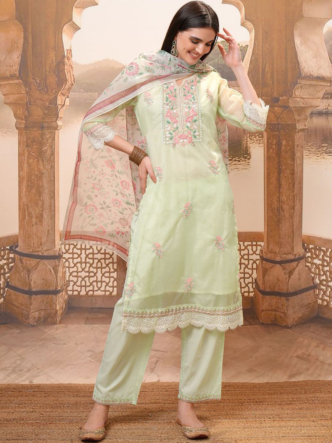 Vishudh Green Embroidered Mirror Work Pure Cotton Straight Kurta With Trousers & Dupatta
