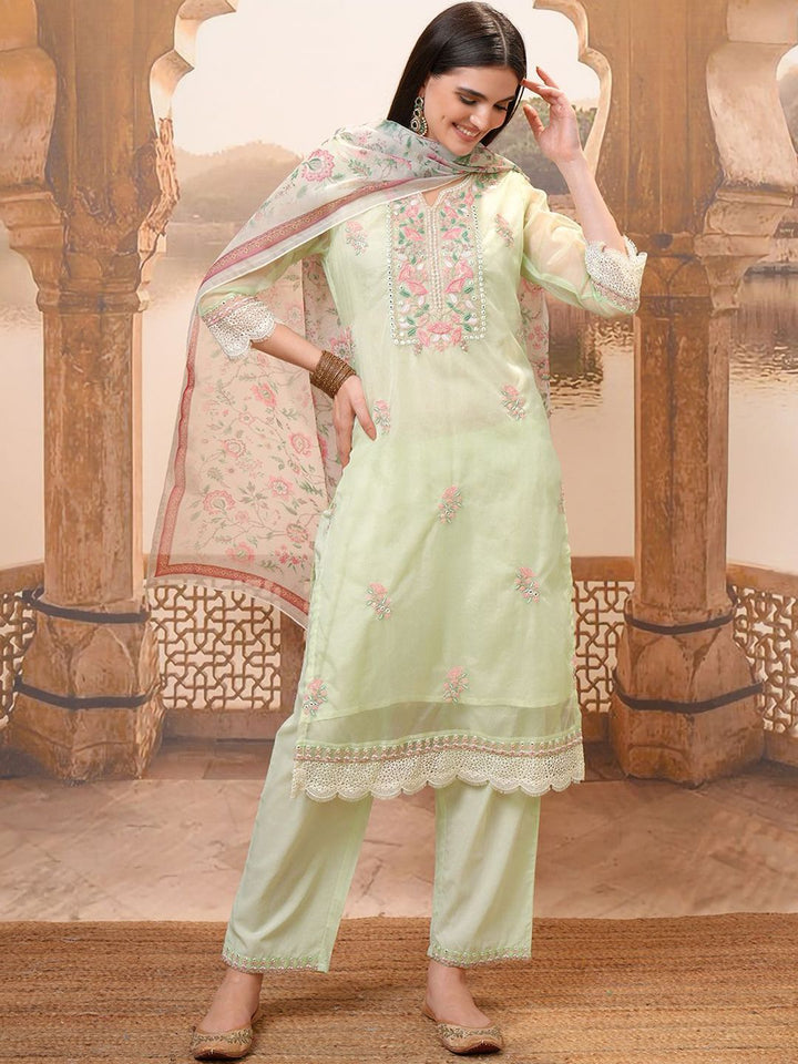 Vishudh Green Embroidered Mirror Work Pure Cotton Straight Kurta With Trousers & Dupatta