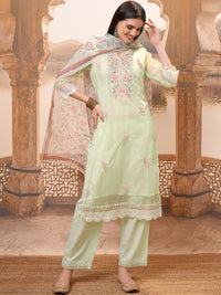 Vishudh Green Embroidered Mirror Work Pure Cotton Straight Kurta With Trousers & Dupatta