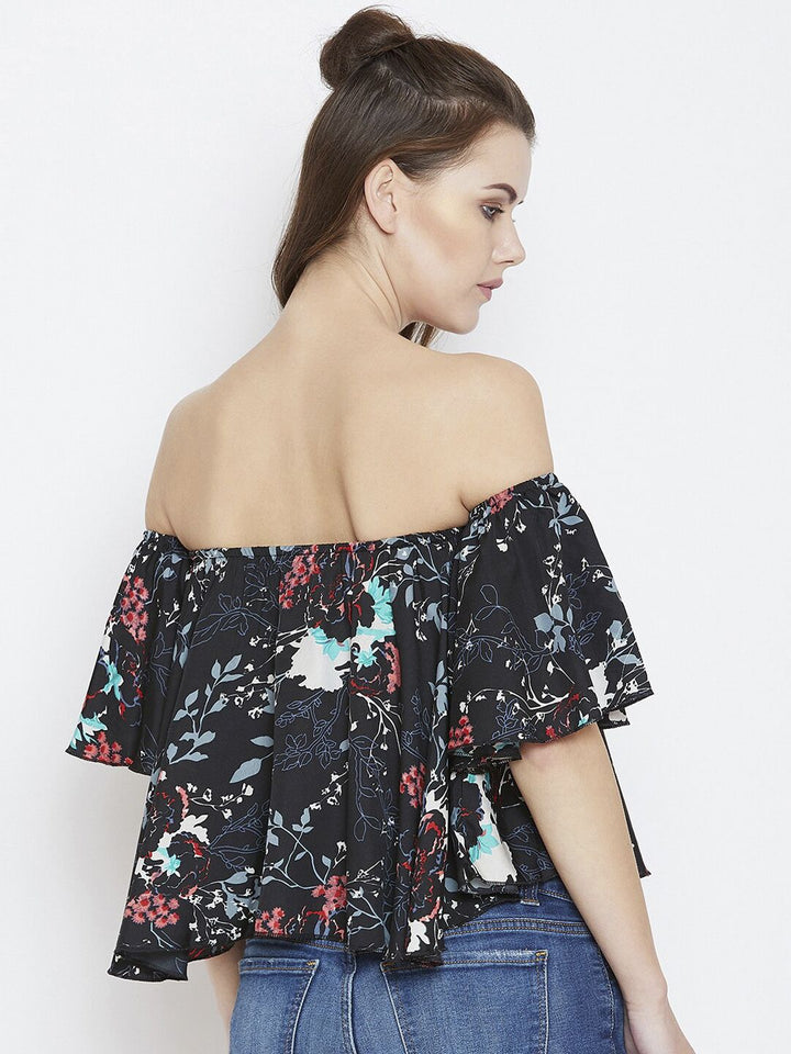 Berrylush Black & Blue Floral Off-Shoulder Flared Sleeves Crepe Bardot Crop Top