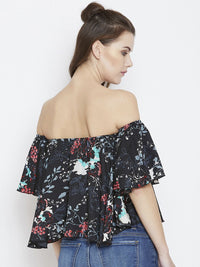Berrylush Black & Blue Floral Off-Shoulder Flared Sleeves Crepe Bardot Crop Top