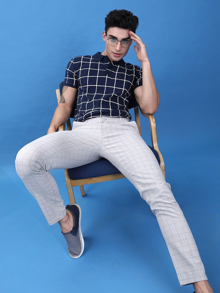 The Indian Garage Co Men Grey Slim Fit Checked Chinos